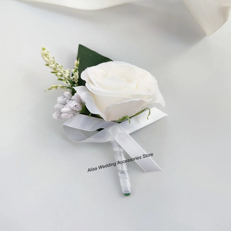 Bouquet de mariée, demoiselle d'honneur, fleurs artificielles en soie blanche, roses, boutonnière de marié, épingles, bouquet de mariage, accessoires de mariage