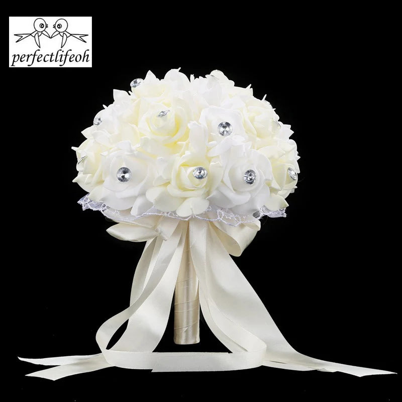 Handmade Blue & White Artificial Rose Bridal Bouquet