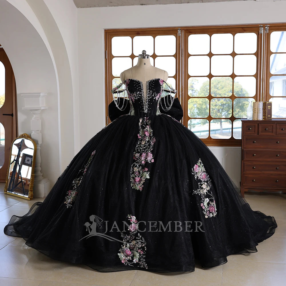 Robe de Quinceañera noire chapelle, Robe de bal scintillante pour fille, Grande nœud en dentelle, Robe de 16 ans Wc041