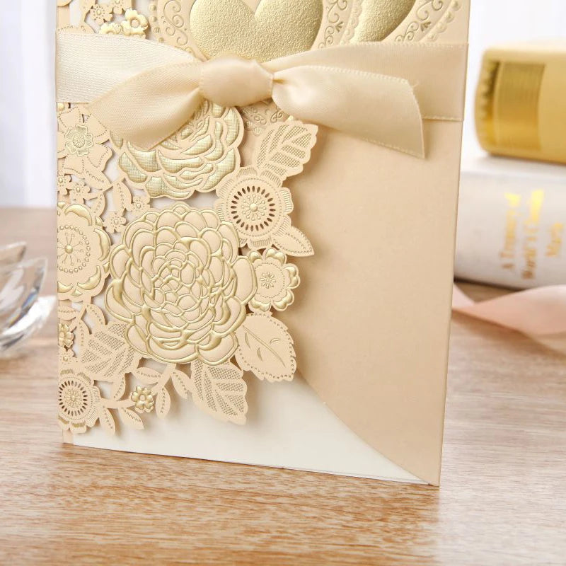 5/10 Pièces Cartes d'Invitation de Mariage Découpées au Laser Cœur d'Amour Personnalisées Cartes de Vœux avec Ruban Fournitures de Fête de Mariage ou de Douche Nuptiale