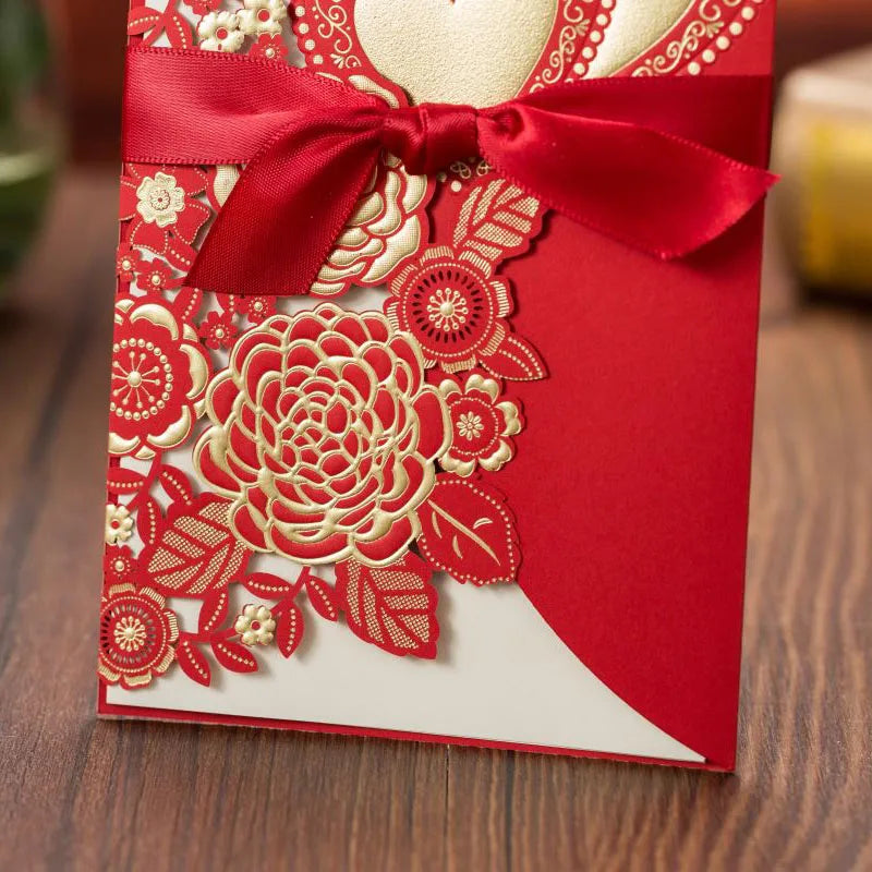 5/10 Pièces Cartes d'Invitation de Mariage Découpées au Laser Cœur d'Amour Personnalisées Cartes de Vœux avec Ruban Fournitures de Fête de Mariage ou de Douche Nuptiale