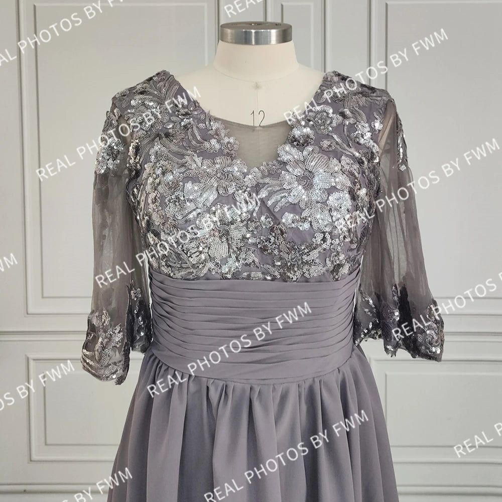 Vraies Photos Robe Longue en Mousseline de Soie de Haute Qualité pour la Mère de la Mariée Élégante Femme Pailletée Manches Mi-longues Robe de Soirée