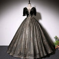 Robe de soirée trapèze noire en velours pour femme, col en V, appliqués, dos nu, pour anniversaire