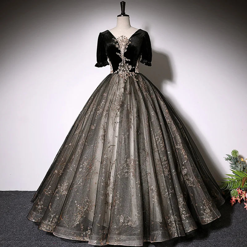Robe de soirée trapèze noire en velours pour femme, col en V, appliqués, dos nu, pour anniversaire