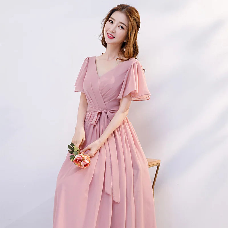 Nouvelle Robe de Demoiselle d'Honneur en Mousseline Rose, Coupe Évasée, Robe de Soirée Simple et Pas Chère pour Femmes