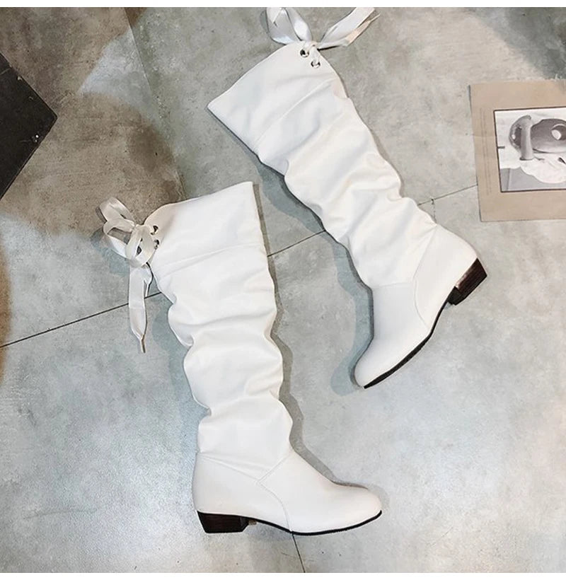 Chaussures Femme 2022 Printemps Bottes Hautes au Genou Rouge Noir Blanc Bottes Hautes Femme Plissées Talon Bas Décontracté Cuir Chaussures Longues Femme