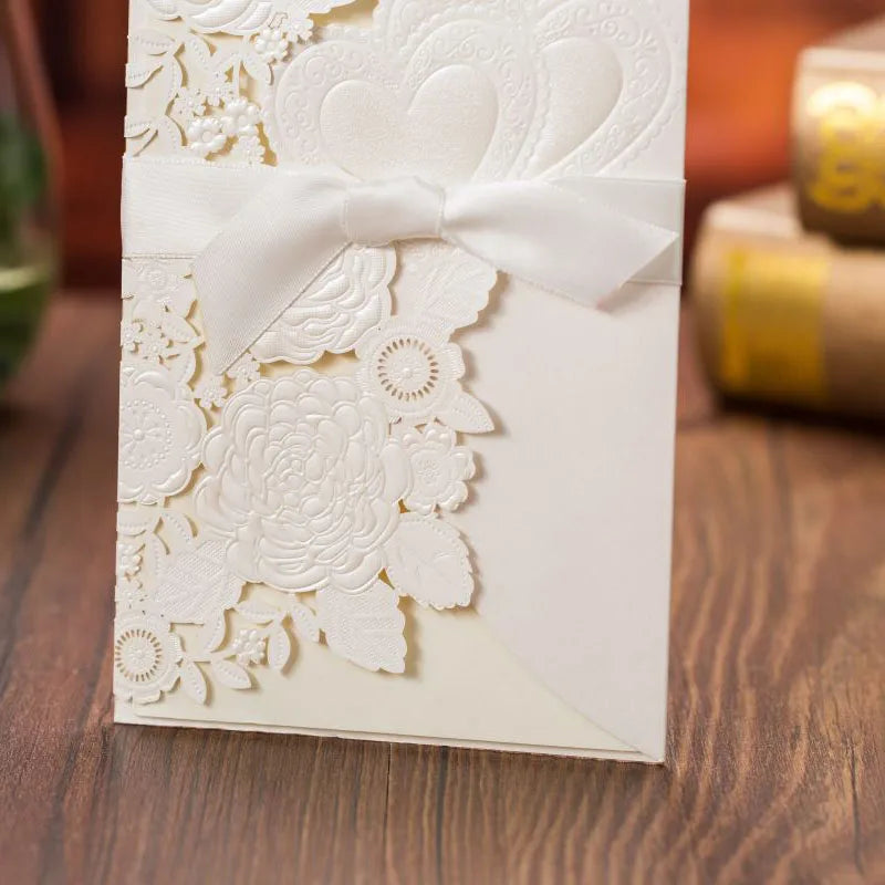 5/10 Pièces Cartes d'Invitation de Mariage Découpées au Laser Cœur d'Amour Personnalisées Cartes de Vœux avec Ruban Fournitures de Fête de Mariage ou de Douche Nuptiale