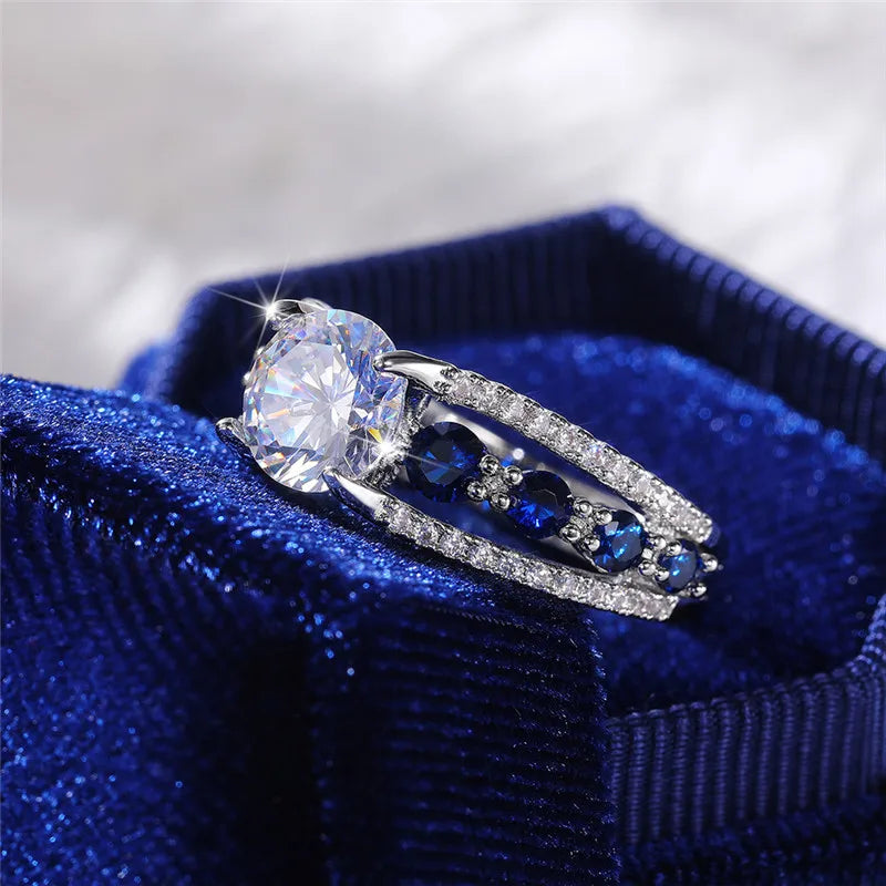Blue & White Round CZ Wedding Ring — Elegant Bridal Band