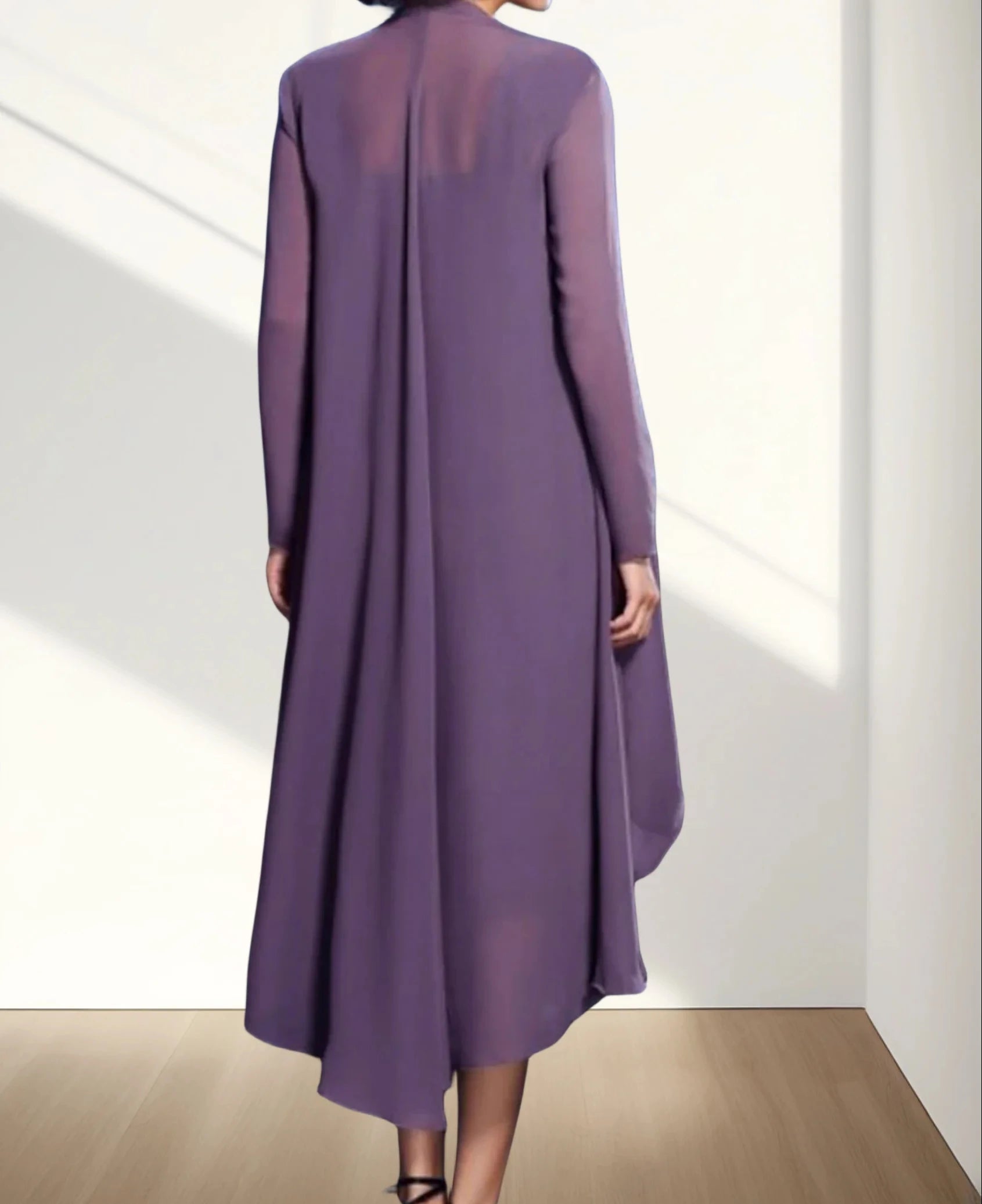 Mumuleo Mother of the Bride Dress Elegant Jewel Neck Knee Length Chiffon Long Sleeve Jacket Dresses With Lace 2024