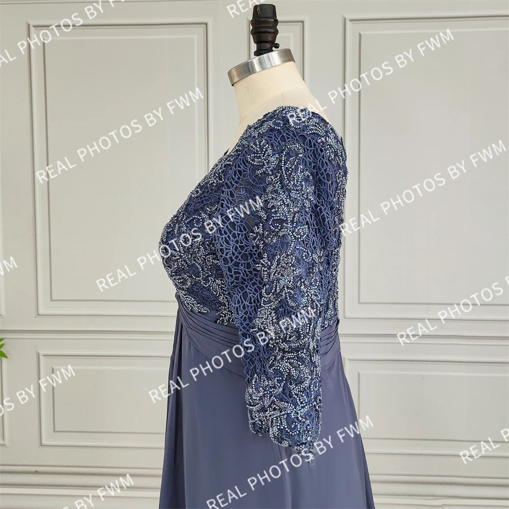 Photos réelles Robe de mariée en mousseline de haute qualité pour mère de la mariée, élégante, pour femme, demi-manches, perles, dentelle, robe de soirée