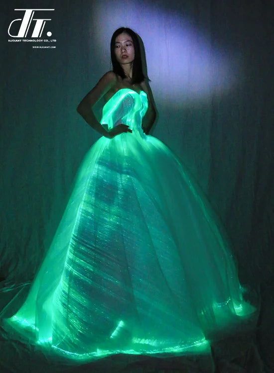 Led Glowing Optical Fiber Formal Elegant Women Ladies Maxi Evening Gown Dress