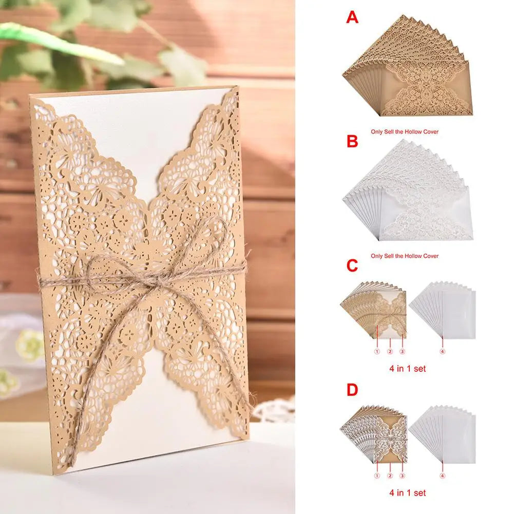 10pcs Faire-part de mariage en dentelle sculptée élégante de style européen Cartes de vœux Fournitures de fête Dropship