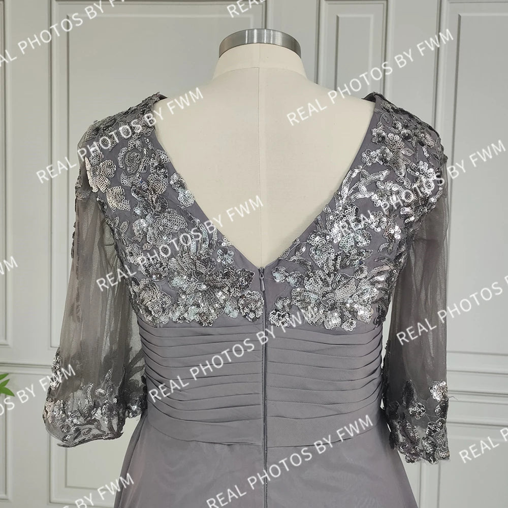 Vraies Photos Robe Longue en Mousseline de Soie de Haute Qualité pour la Mère de la Mariée Élégante Femme Pailletée Manches Mi-longues Robe de Soirée