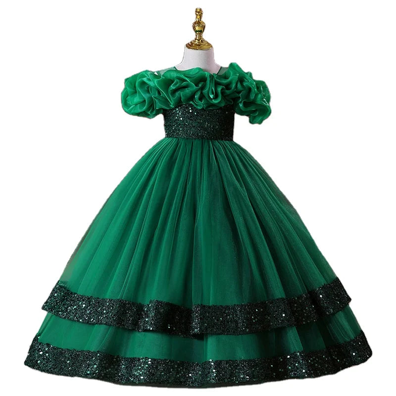 2026 Nouvelle robe de princesse de mariage blanche pour enfants, robe de soirée pour fille, costume de performance de piano, petite robe en dentelle bouffante en tulle à volants pour petites filles