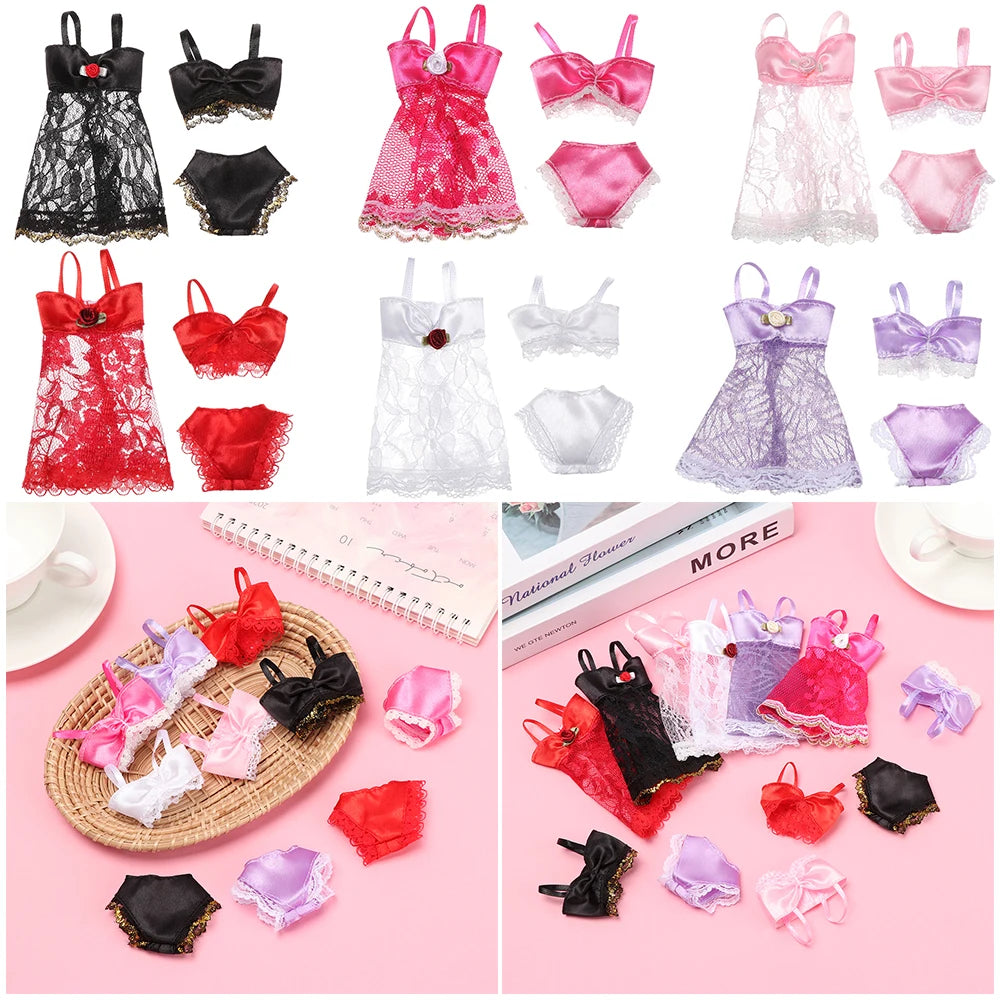 3 pièces/ensemble pyjamas colorés 3 en 1 vêtements sous-vêtements lingerie soutien-gorge robe dentelle accessoires de maison pour poupée 1/6