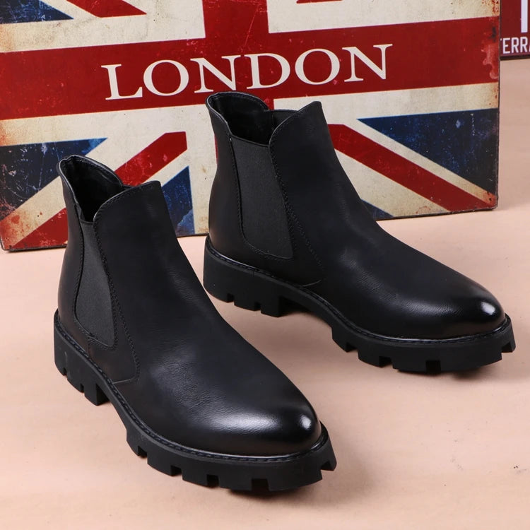 chaussures montantes en cuir véritable pour hommes, bottes Chelsea décontractées, chaussures habillées de bureau, bottes noires à plateforme, botas hombre, chaussure