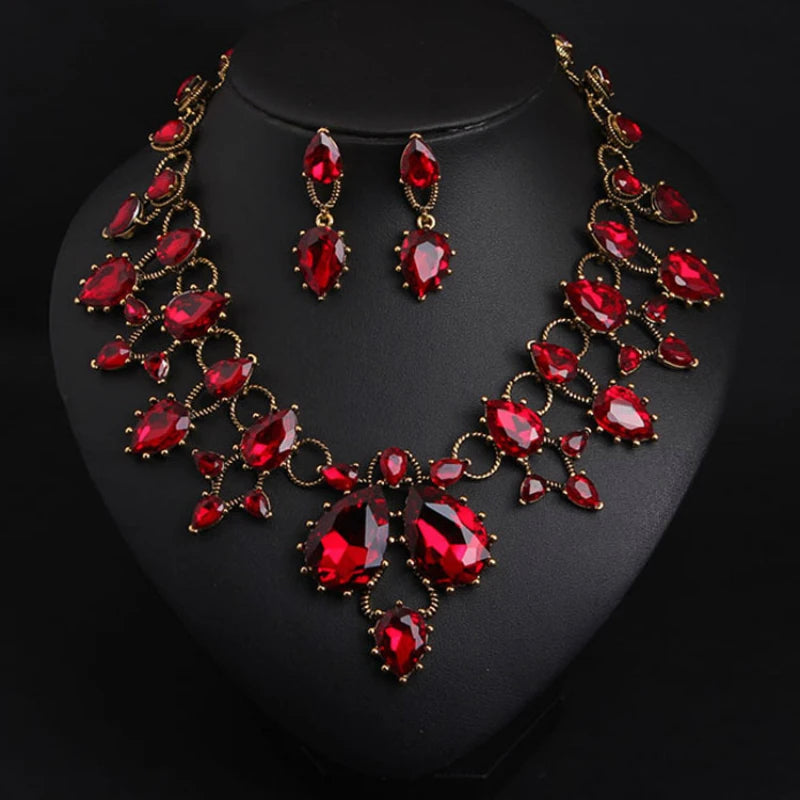 Parure de mariée collier et boucles d'oreilles en verre et pierres — Bijoux de mariage plaqué or