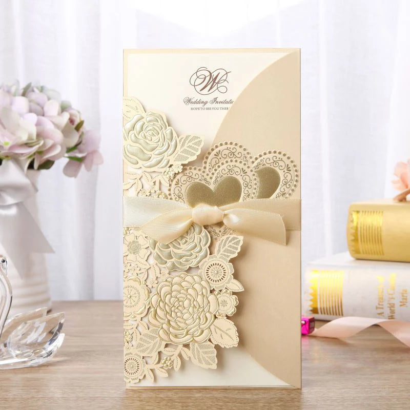 5/10 Pièces Cartes d'Invitation de Mariage Découpées au Laser Cœur d'Amour Personnalisées Cartes de Vœux avec Ruban Fournitures de Fête de Mariage ou de Douche Nuptiale