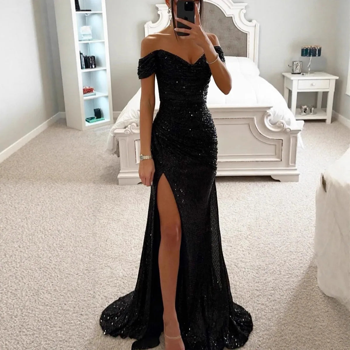 Robe de soirée élégante d'été pour femmes, robe de soirée sexy à col unique, paillettes, respirante, longue, fendue, nouvelle couleur unie