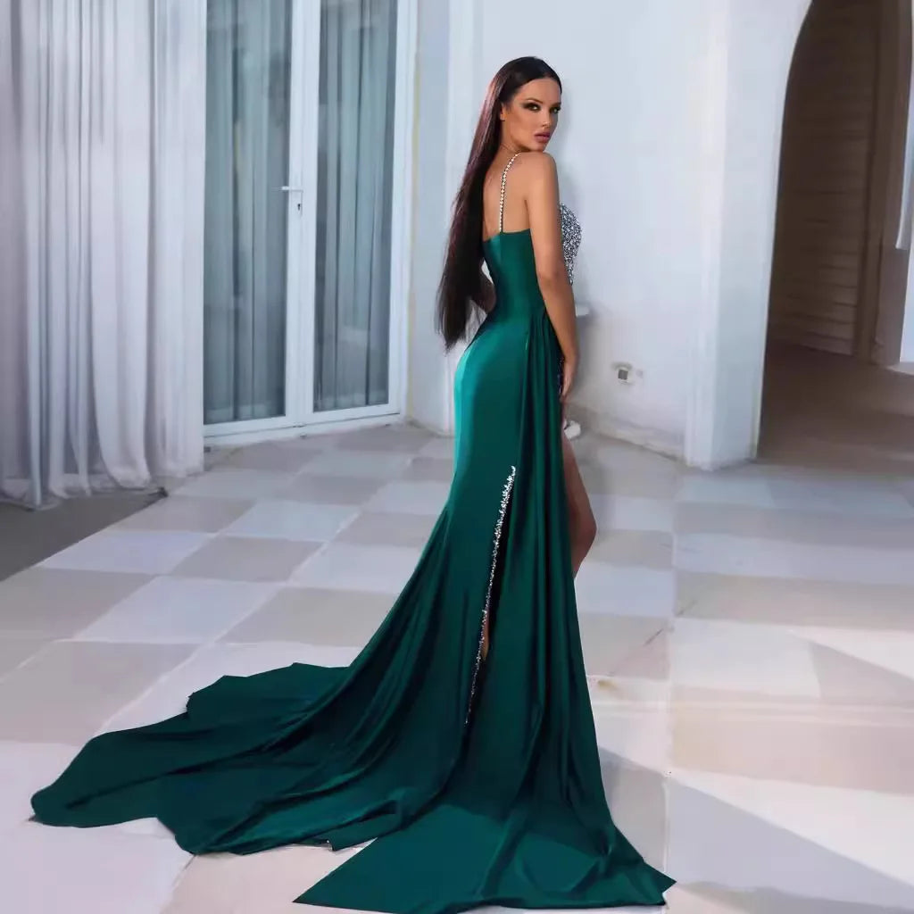 Elegant Lace Sequin Party Dresses Women Off Shoulder Thigh Split Bodycon Prom Dress Long Evening Gown