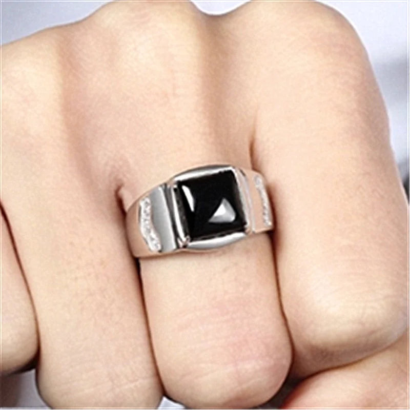 Male Ring For Bridegroom Wedding Accessories On Finger Trendy Silver 925 Ring For Men Jewelry Cool Crystal Black Square Bijou