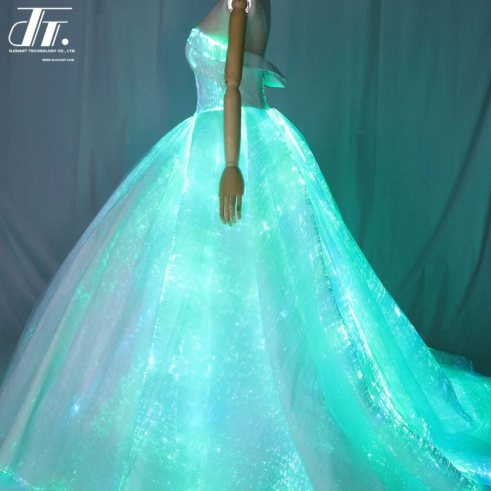 Led Glowing Optical Fiber Formal Elegant Women Ladies Maxi Evening Gown Dress