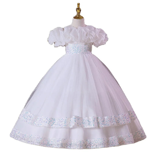 2026 Nouvelle robe de princesse de mariage blanche pour enfants, robe de soirée pour fille, costume de performance de piano, petite robe en dentelle bouffante en tulle à volants pour petites filles