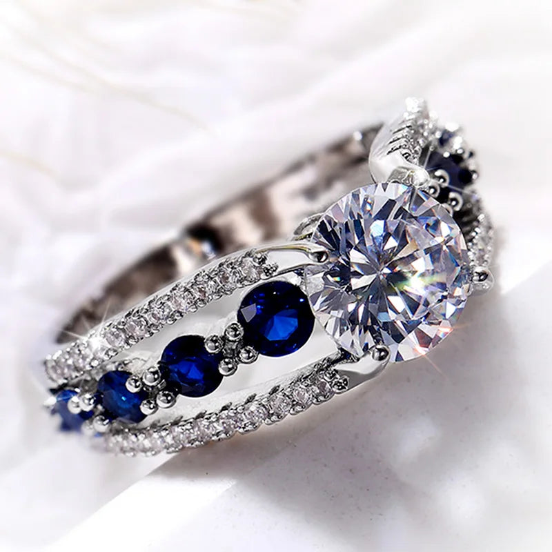 Blue & White Round CZ Wedding Ring — Elegant Bridal Band