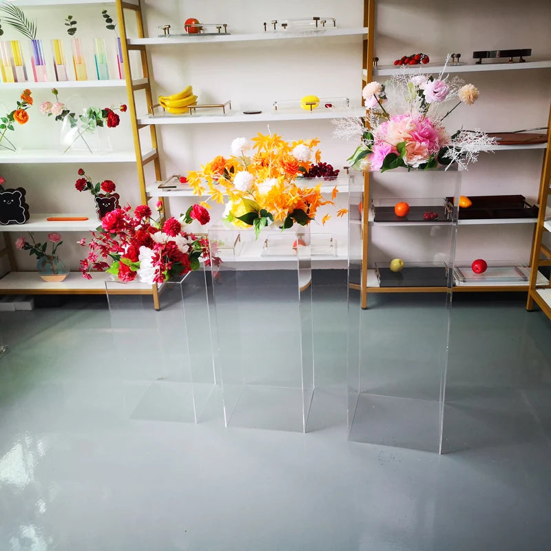 Elegant Clear Acrylic Rectangular Tall Flower Stand for Wedding & Party Romantic Style Home Decorations Supplies Carton Packing