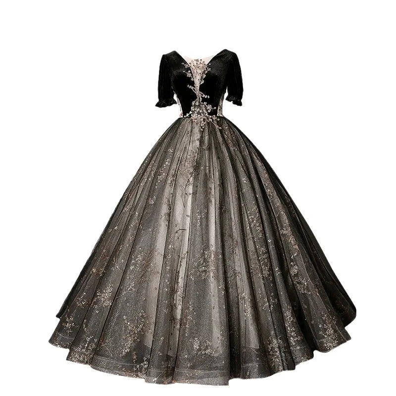 Robe de soirée trapèze noire en velours pour femme, col en V, appliqués, dos nu, pour anniversaire