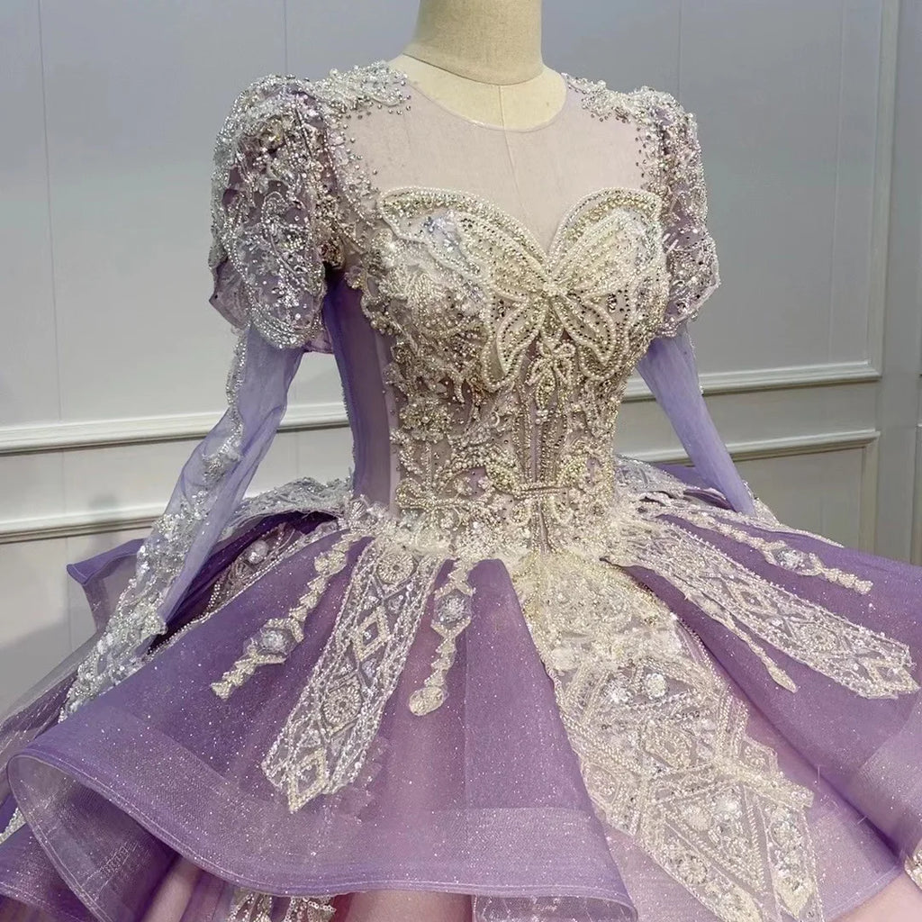 Robe de bal de promo Jancember WN111 à manches longues, violet pailleté, robe de soirée de mariée