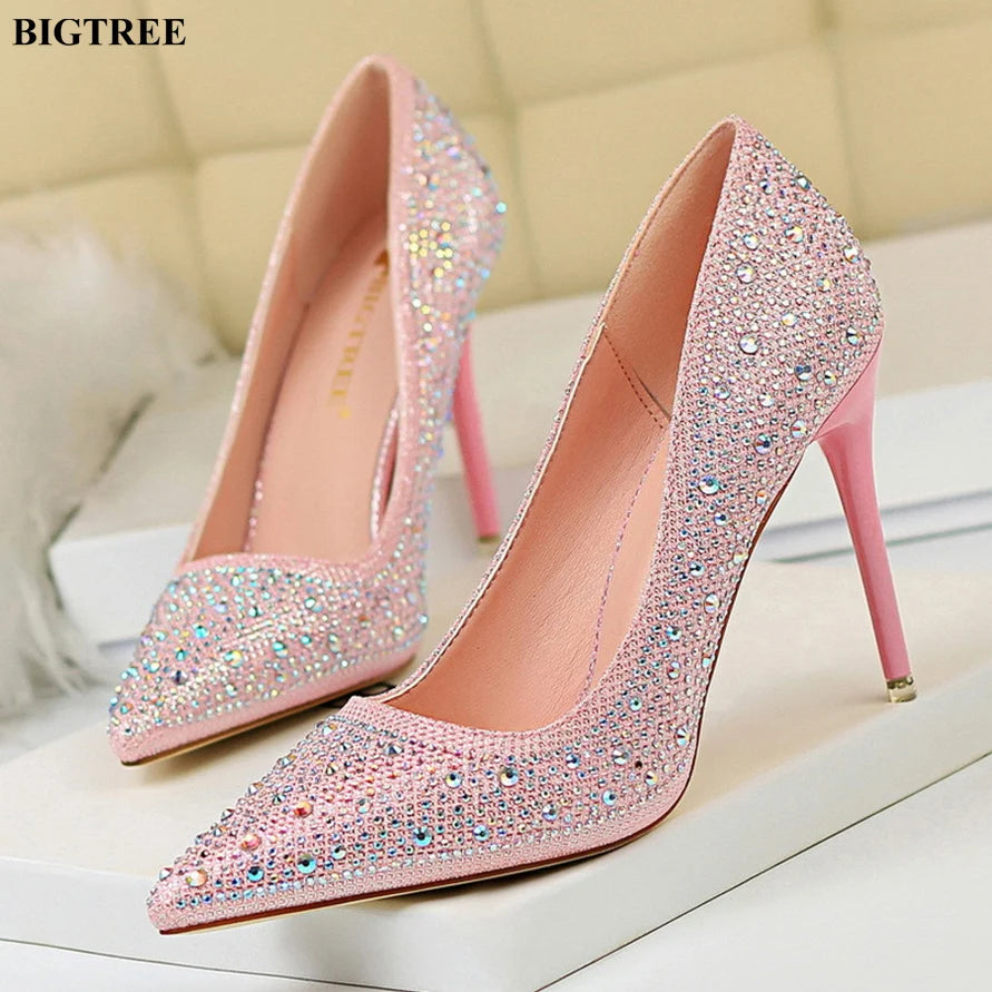 BIGTREE Chaussures Escarpins à talons hauts 7/10cm Strass Femme Noir Rose Mode Bout Pointu Cristal Mariage Chaussures de fête pour femme Automne