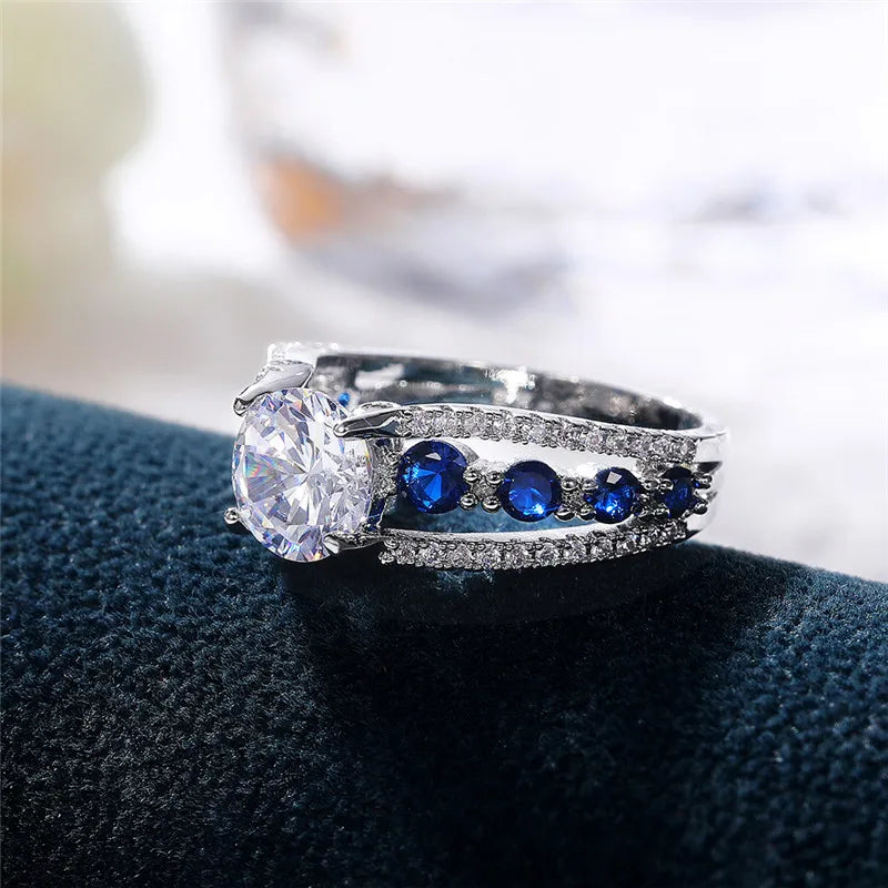 Blue & White Round CZ Wedding Ring — Elegant Bridal Band