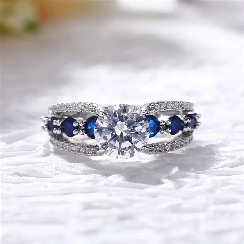 Blue & White Round CZ Wedding Ring — Elegant Bridal Band