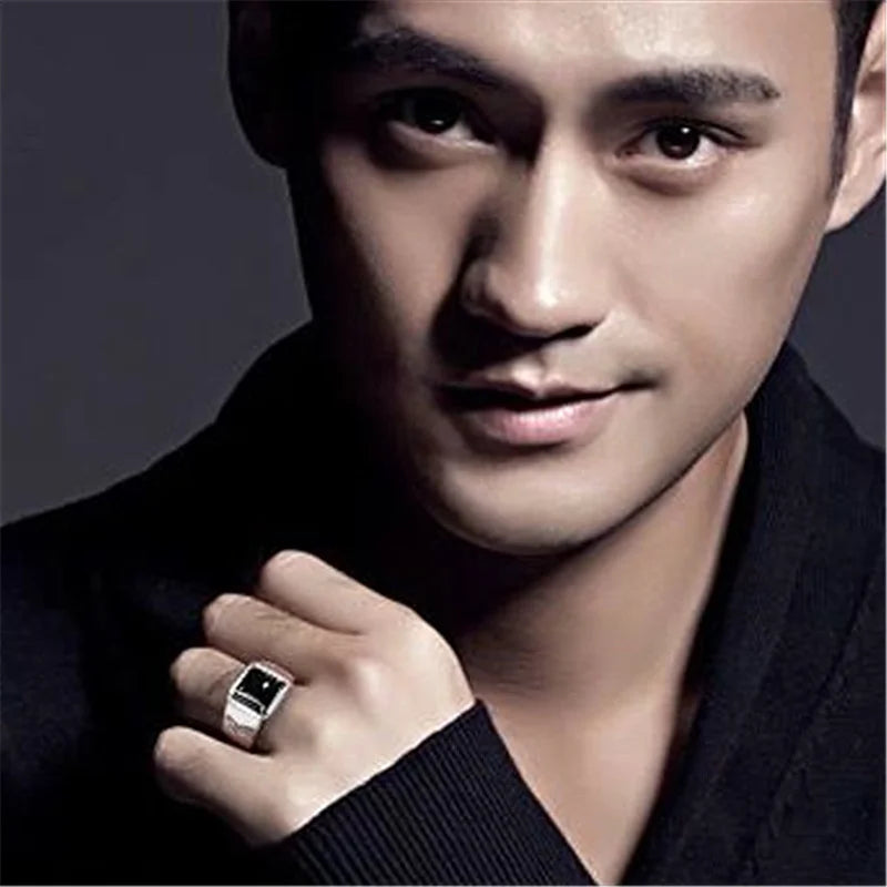 Male Ring For Bridegroom Wedding Accessories On Finger Trendy Silver 925 Ring For Men Jewelry Cool Crystal Black Square Bijou