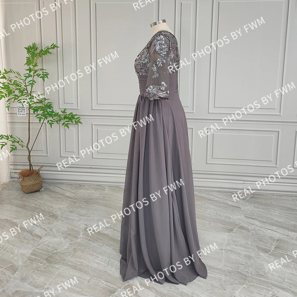 Vraies Photos Robe Longue en Mousseline de Soie de Haute Qualité pour la Mère de la Mariée Élégante Femme Pailletée Manches Mi-longues Robe de Soirée