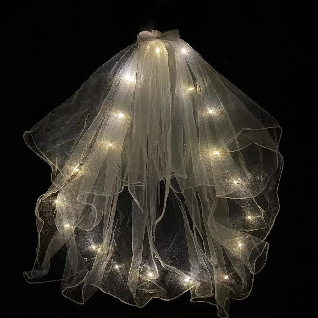 Voile mignon Cheveux Lumineux Fée Ruban Nœud Couronne Lampe LED Mariage Fournitures de Fête Maquillage Fille