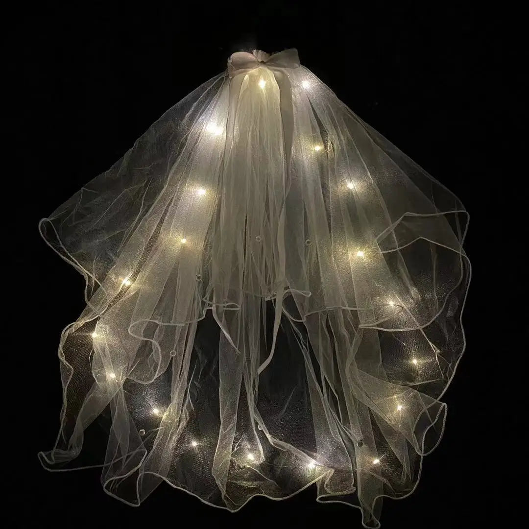 Voile mignon Cheveux Lumineux Fée Ruban Nœud Couronne Lampe LED Mariage Fournitures de Fête Maquillage Fille