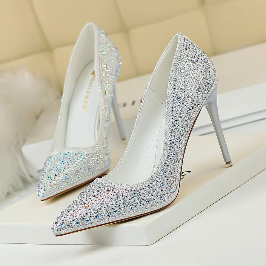 BIGTREE Chaussures Escarpins à talons hauts 7/10cm Strass Femme Noir Rose Mode Bout Pointu Cristal Mariage Chaussures de fête pour femme Automne