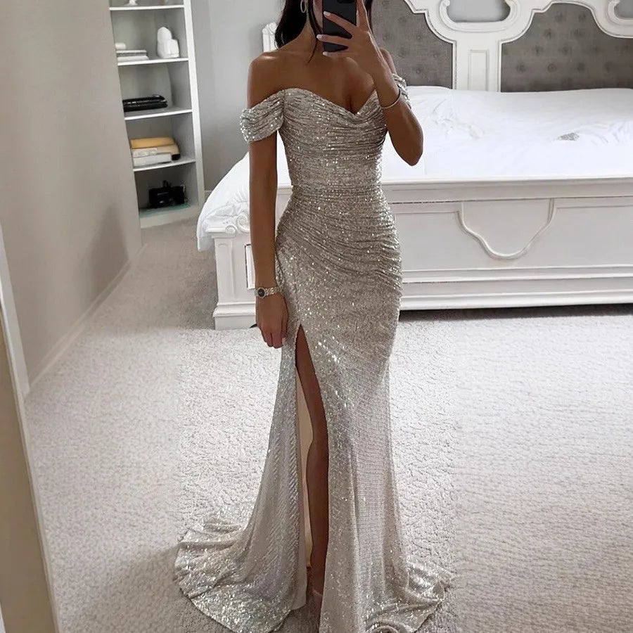 Robe de soirée élégante d'été pour femmes, robe de soirée sexy à col unique, paillettes, respirante, longue, fendue, nouvelle couleur unie