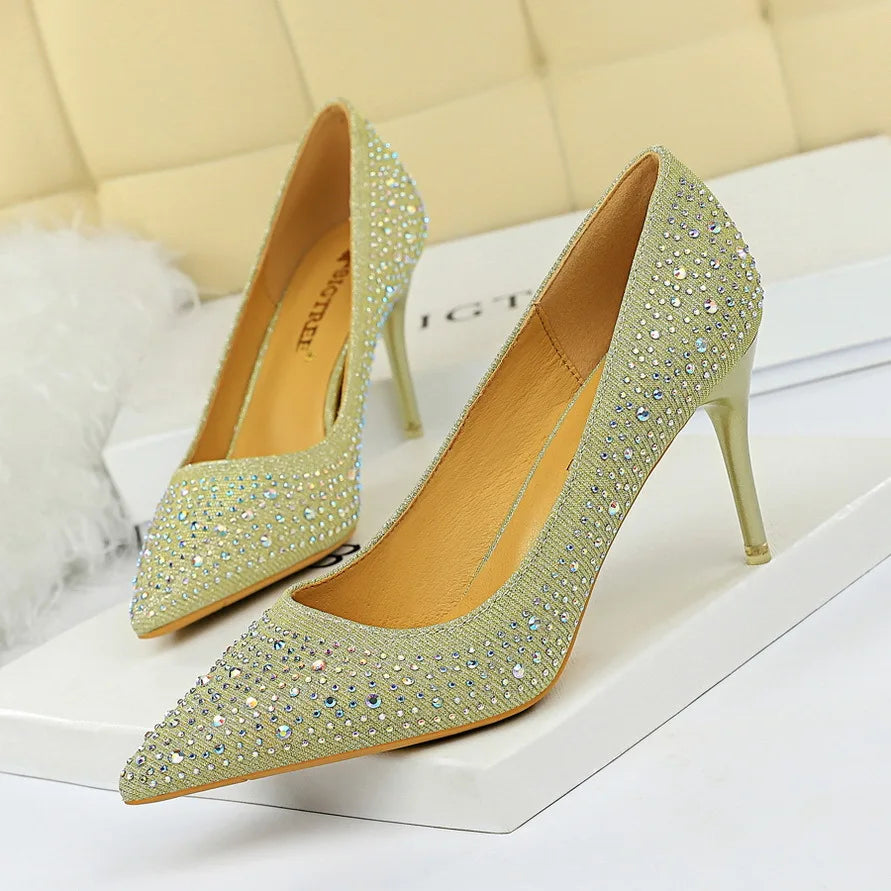 BIGTREE Chaussures Escarpins à talons hauts 7/10cm Strass Femme Noir Rose Mode Bout Pointu Cristal Mariage Chaussures de fête pour femme Automne