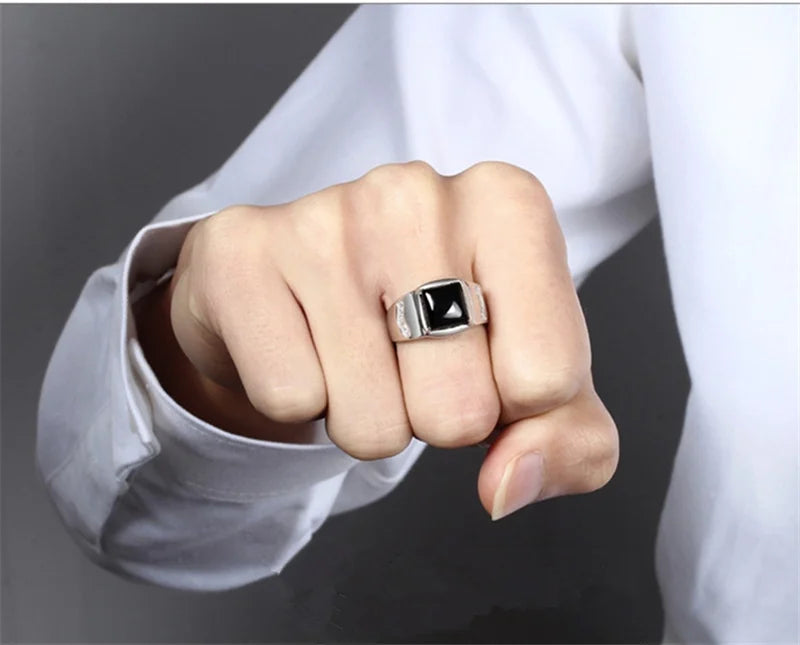 Male Ring For Bridegroom Wedding Accessories On Finger Trendy Silver 925 Ring For Men Jewelry Cool Crystal Black Square Bijou
