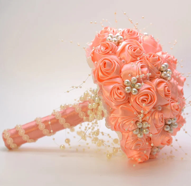 White & Ivory Pearl Beaded Bridal Bouquet with Ribbon Roses