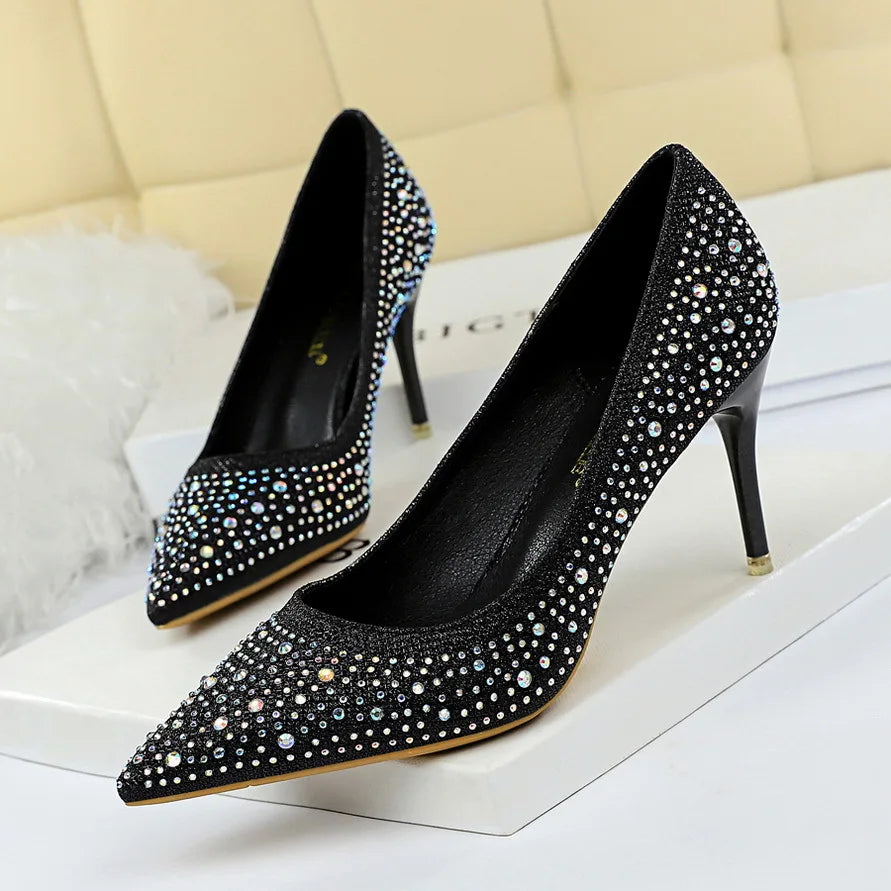 BIGTREE Chaussures Escarpins à talons hauts 7/10cm Strass Femme Noir Rose Mode Bout Pointu Cristal Mariage Chaussures de fête pour femme Automne