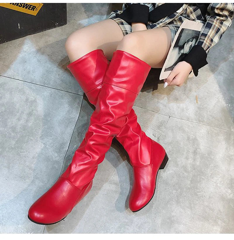 Chaussures Femme 2022 Printemps Bottes Hautes au Genou Rouge Noir Blanc Bottes Hautes Femme Plissées Talon Bas Décontracté Cuir Chaussures Longues Femme