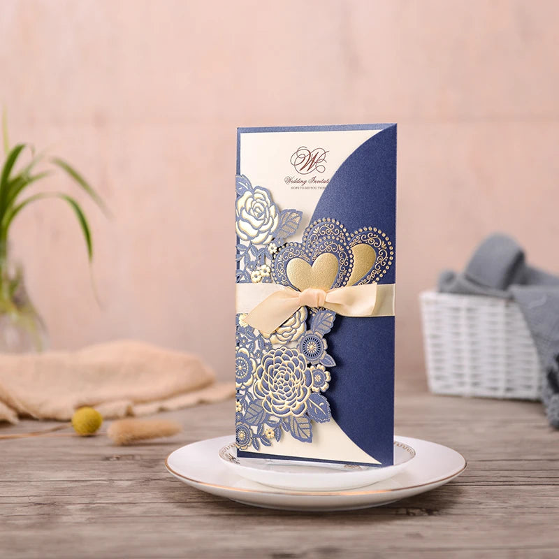 5/10 Pièces Cartes d'Invitation de Mariage Découpées au Laser Cœur d'Amour Personnalisées Cartes de Vœux avec Ruban Fournitures de Fête de Mariage ou de Douche Nuptiale