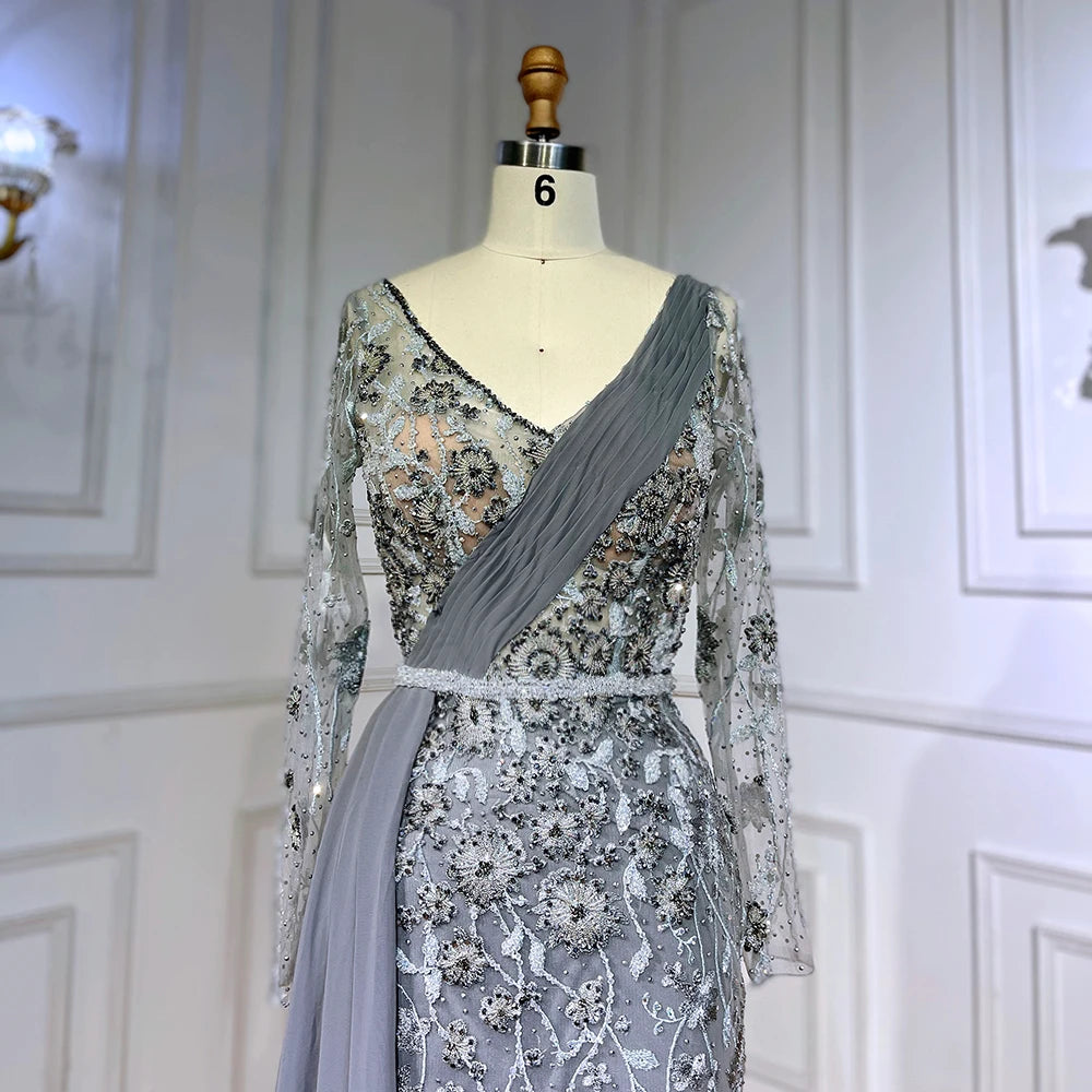 Robe de soirée sirène de luxe Feishiluo pour femmes, manches longues, perlée à la main, robe de bal, décorée de paillettes, taille naturelle