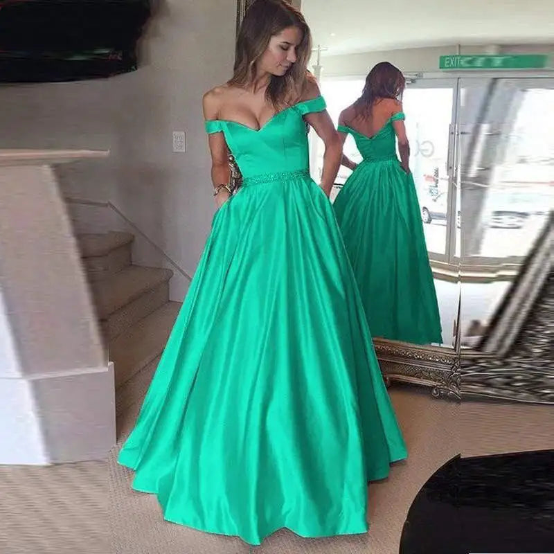 EV025 Longues robes de soirée formelles pour femmes en satin vert réfléchissant Robe de soirée marocaine avec perles Robe de bal