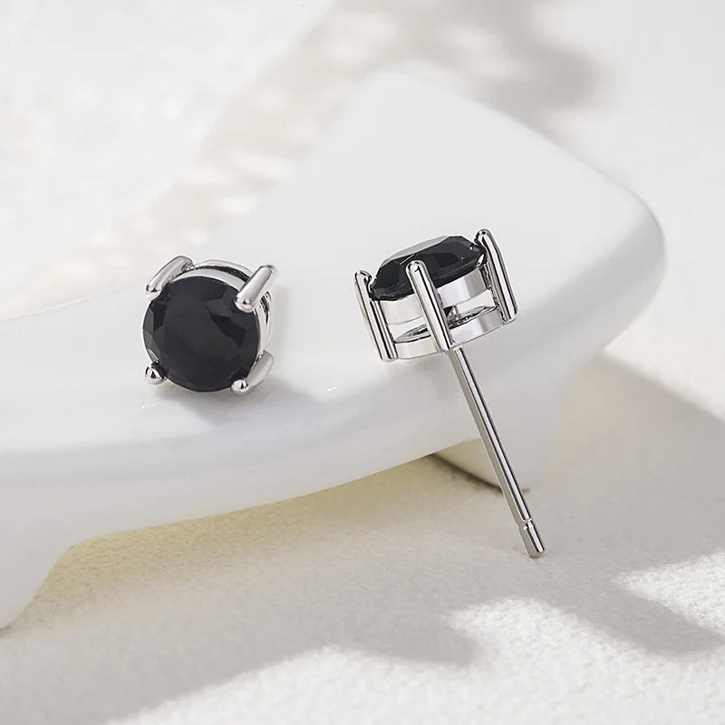 Vintage Obsidian Round Stud Earrings — 925 Sterling Silver