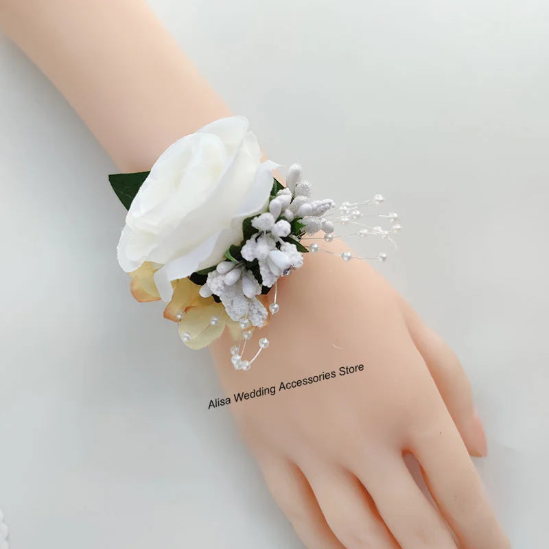 Bouquet de mariée, demoiselle d'honneur, fleurs artificielles en soie blanche, roses, boutonnière de marié, épingles, bouquet de mariage, accessoires de mariage